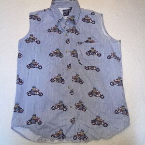 Vintage‎ Quizz New York Teddy Bear Motorcycle Large Sleeveless Striped Button